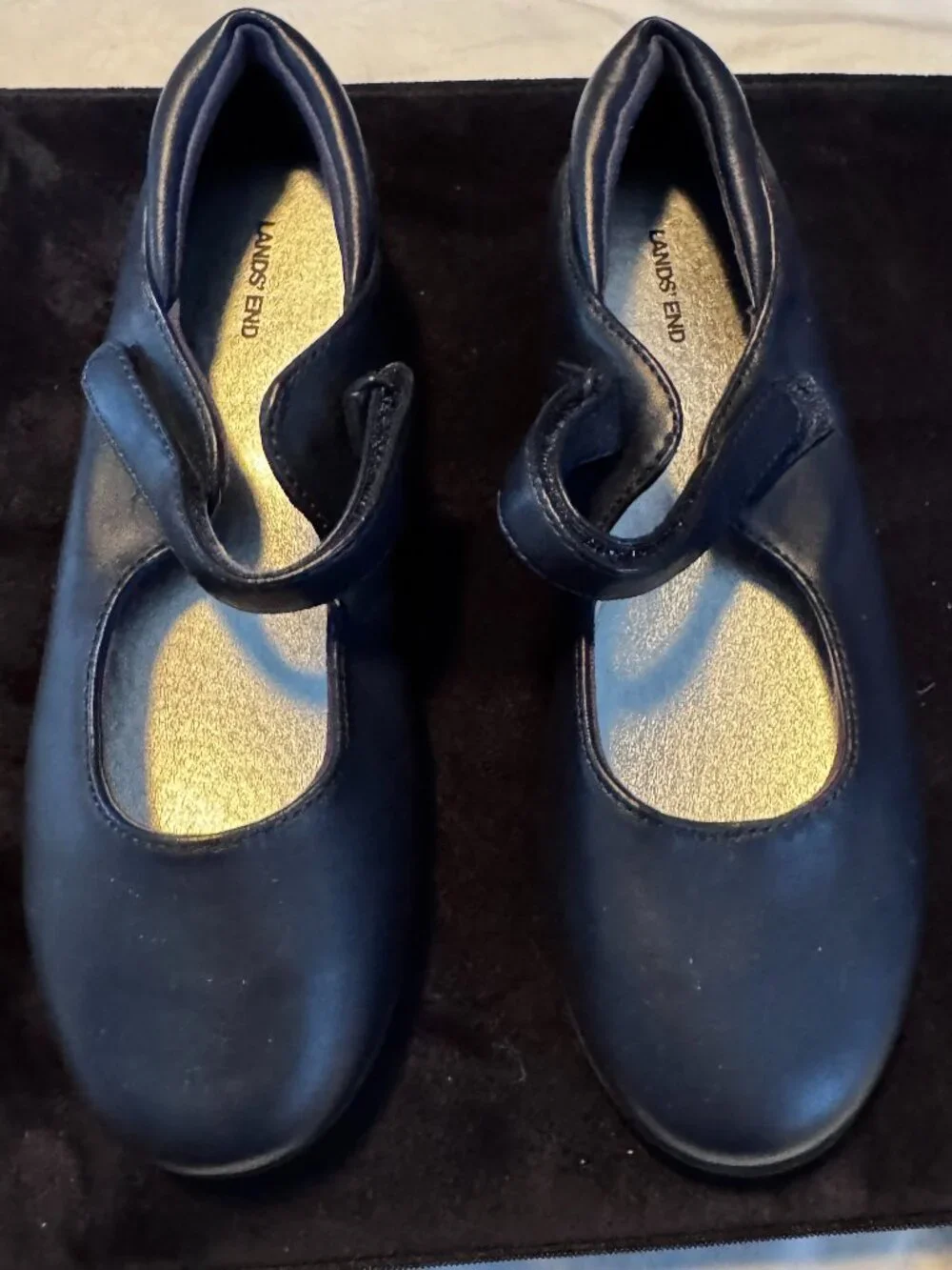 Lands' End Girls' Classic Leather Navy Blue Mary Jane Flats, Brand New, Size 3